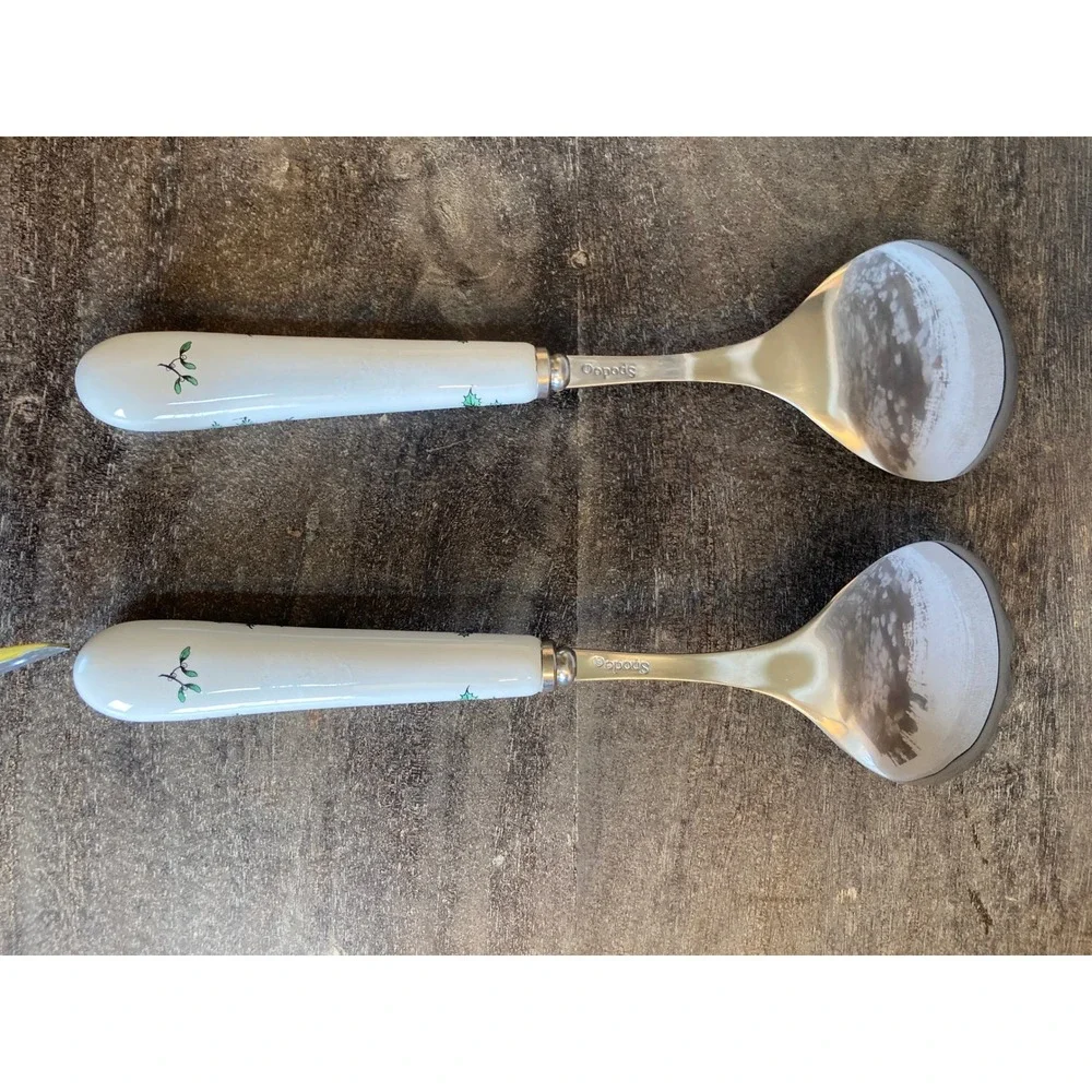 Spode Christmas Tree Salad Server Set Stainless Steel Ceramic Handles 2pc 9.75in